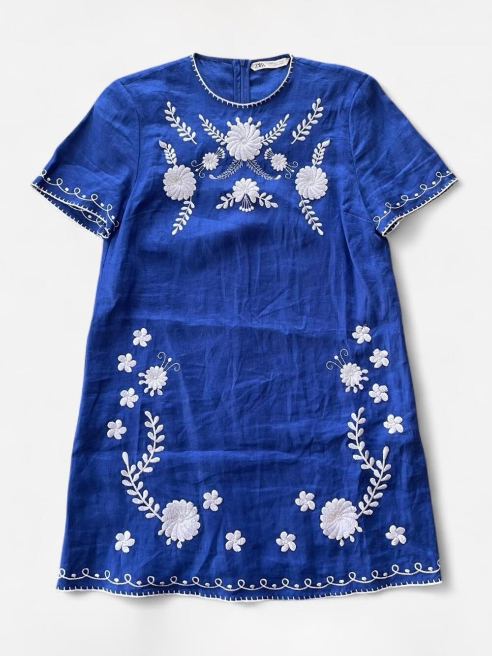 Zara Royal Blue Midi Dress with White Floral Embroidery